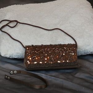 NWOT Bijou Terner brown satin, sequin, bead clutch